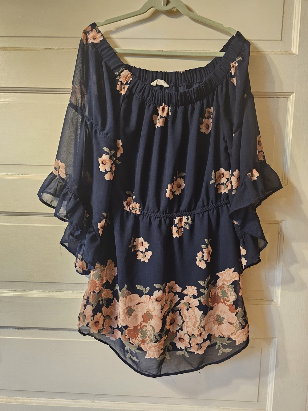 Blush Navy Floral Off-Shoulder Ruffle Blouse